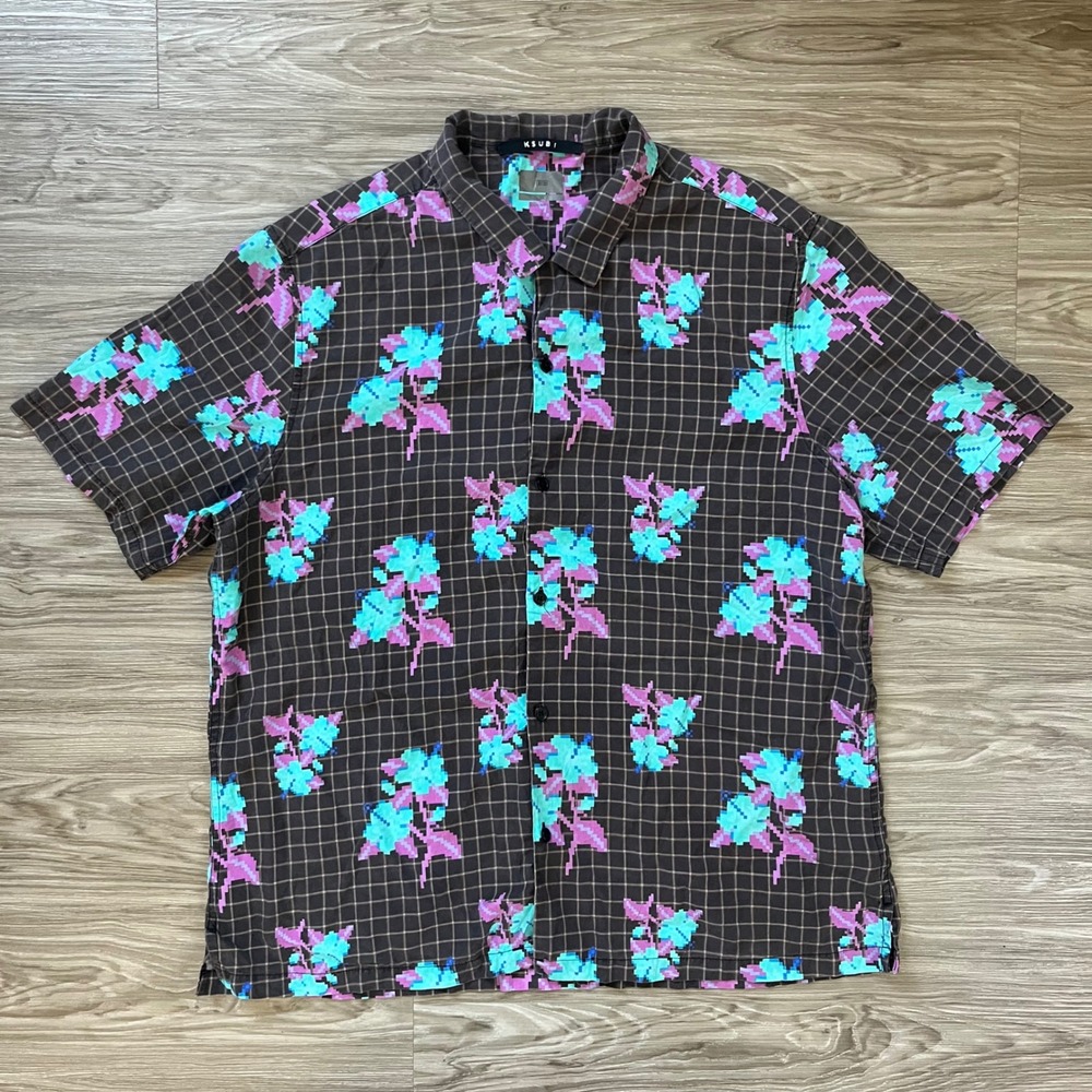 Ksubi Mens XL Pixel Floral Grid Short Sleeve Button Down Shirt Brown MSP23SH019